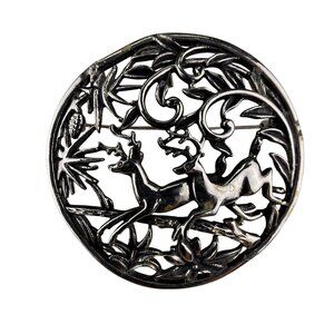 Vintage Sarah Coventry Silver Tone Reindeer Brooch Filigree Design Round Pin